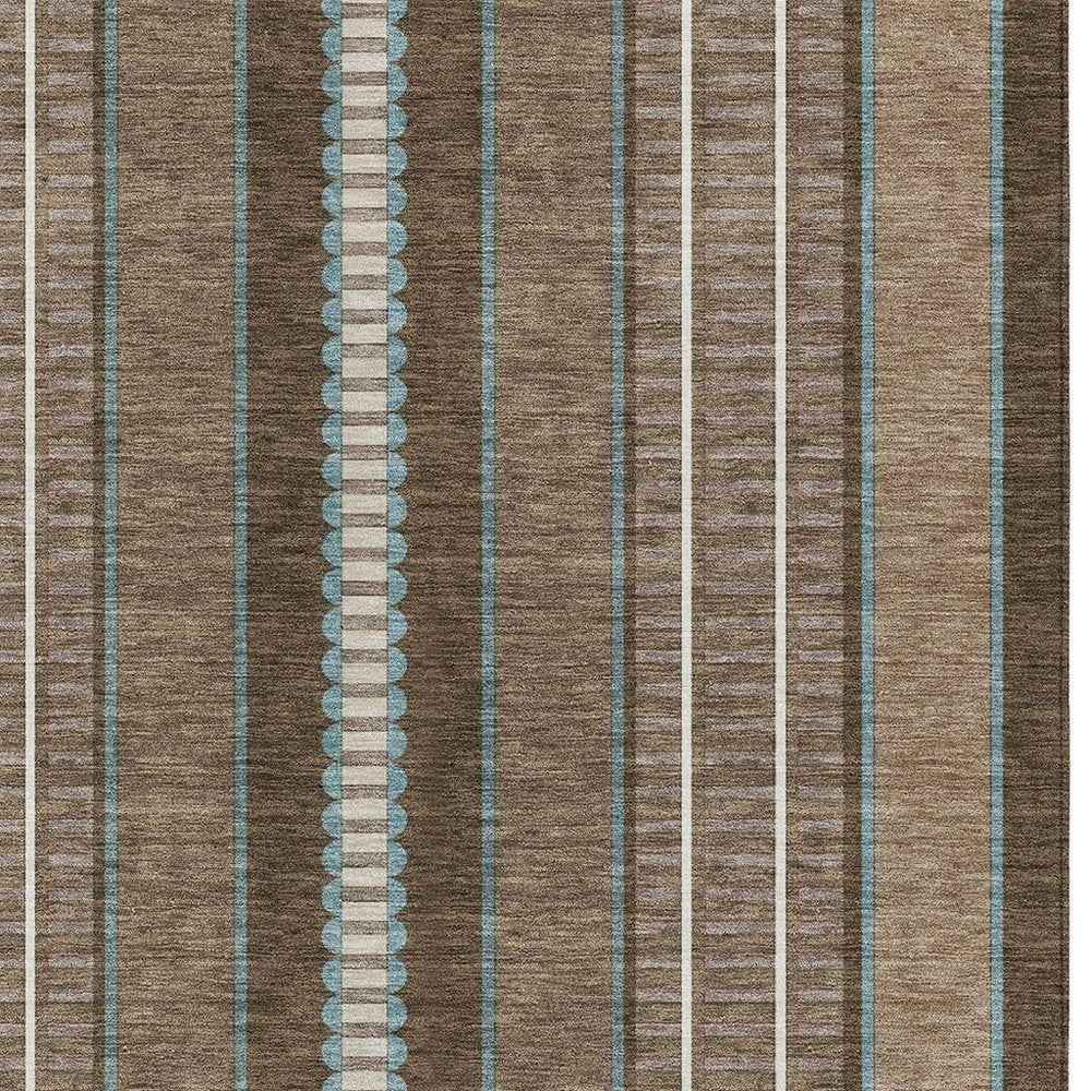 9' X 12' Chocolate And Blue Striped Washable Indoor Outdoor Area Rug HomeRoots