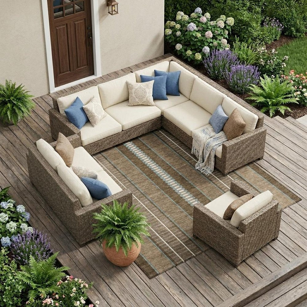 9' X 12' Chocolate And Blue Striped Washable Indoor Outdoor Area Rug — view 7