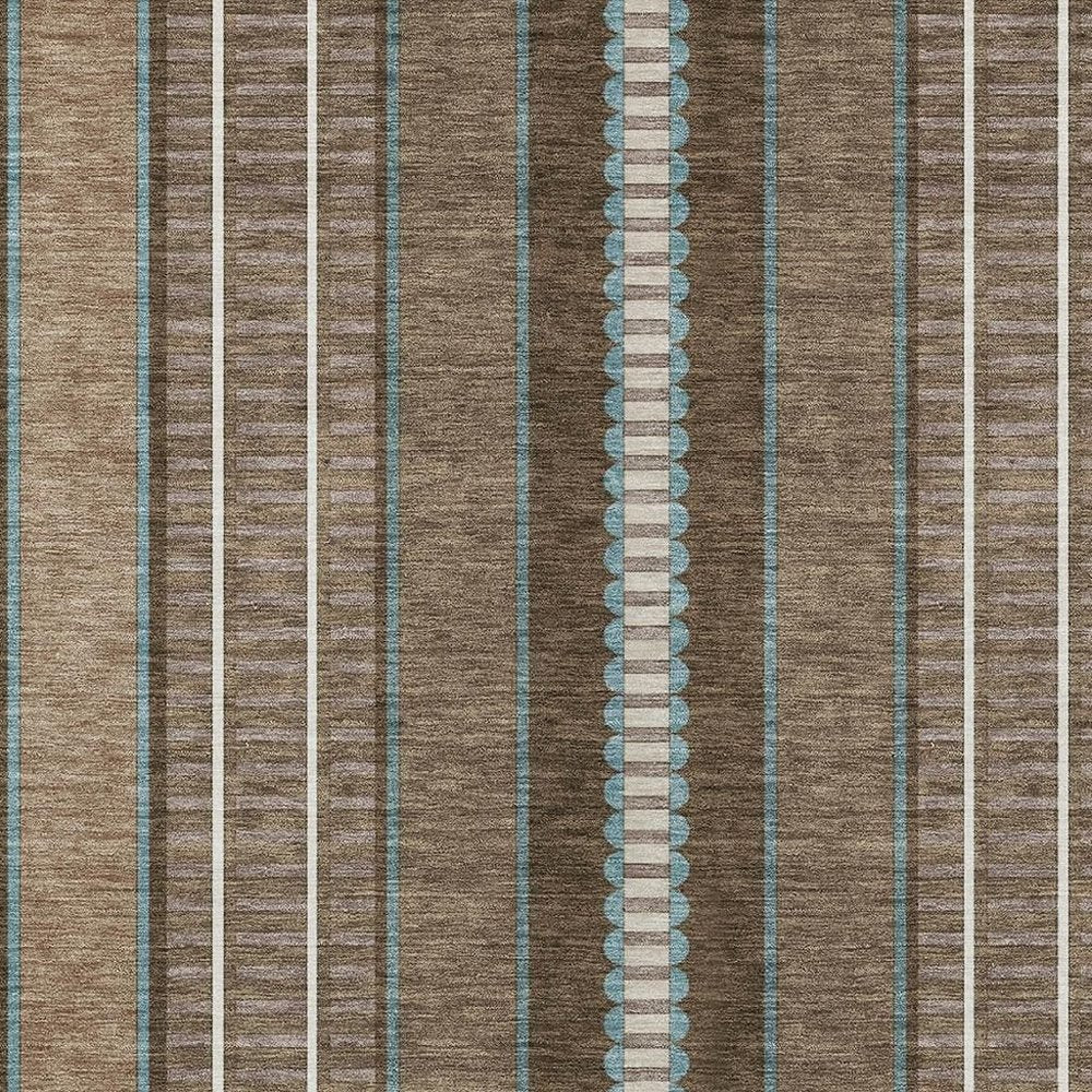 10' X 14' Chocolate And Blue Striped Washable Indoor Outdoor Area Rug