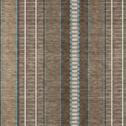 10' X 14' Chocolate And Blue Striped Washable Indoor Outdoor Area Rug