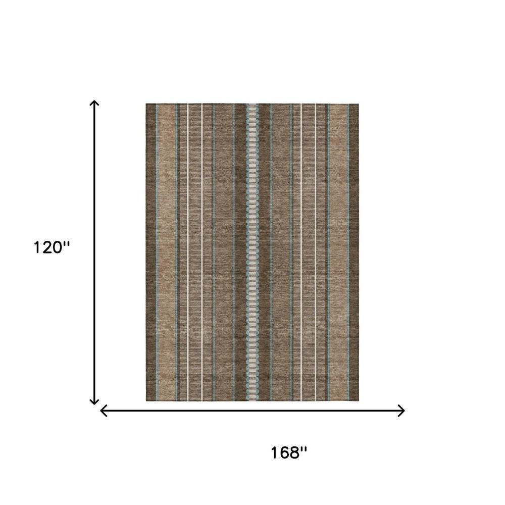 10' X 14' Chocolate And Blue Striped Washable Indoor Outdoor Area Rug — view 6