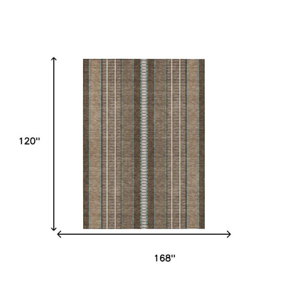 10' X 14' Chocolate And Blue Striped Washable Indoor Outdoor Area Rug HomeRoots