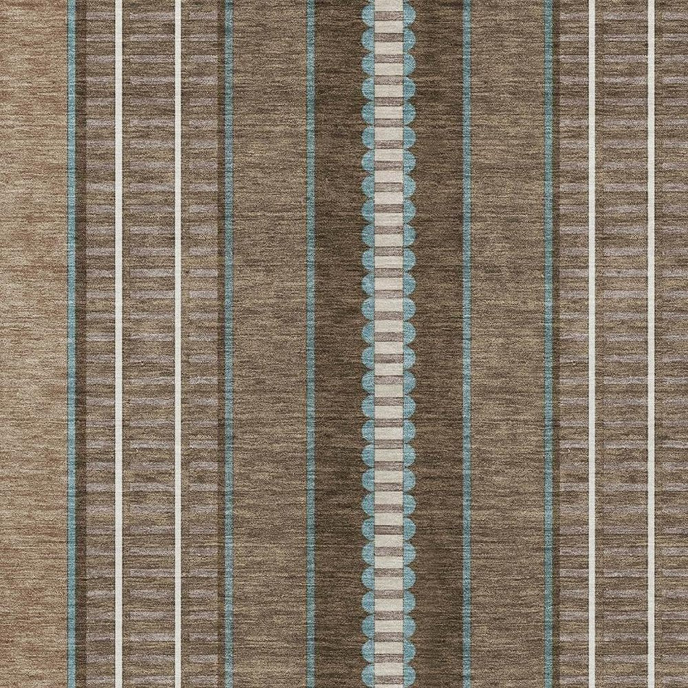 10' X 14' Chocolate And Blue Striped Washable Indoor Outdoor Area Rug
