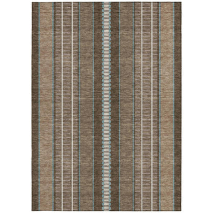 10' X 14' Chocolate And Blue Striped Washable Indoor Outdoor Area Rug