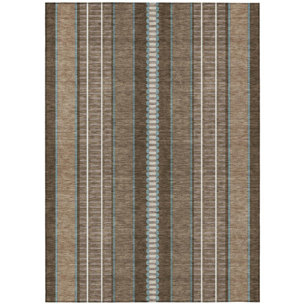 10' X 14' Chocolate And Blue Striped Washable Indoor Outdoor Area Rug HomeRoots