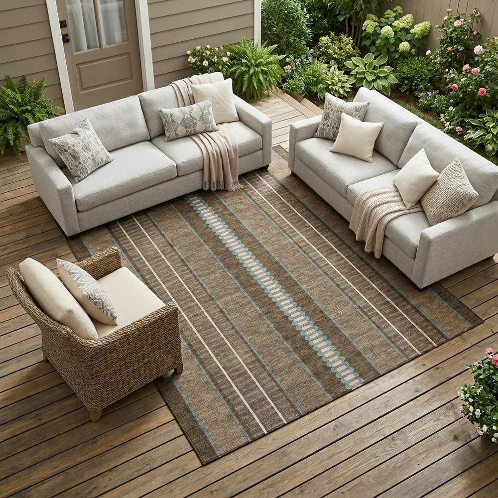 10' X 14' Chocolate And Blue Striped Washable Indoor Outdoor Area Rug HomeRoots