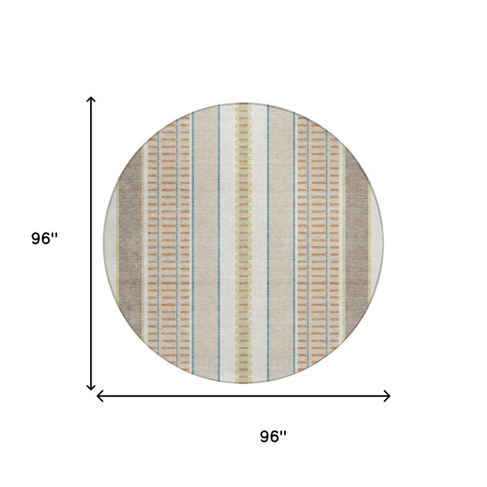8' Ivory And Fern Green Round Striped Washable Indoor Outdoor Area Rug HomeRoots