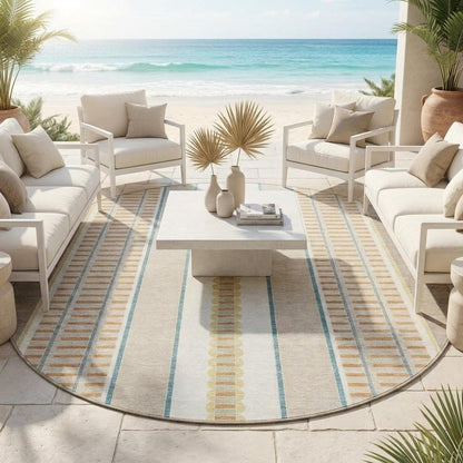 8' Ivory And Fern Green Round Striped Washable Indoor Outdoor Area Rug HomeRoots