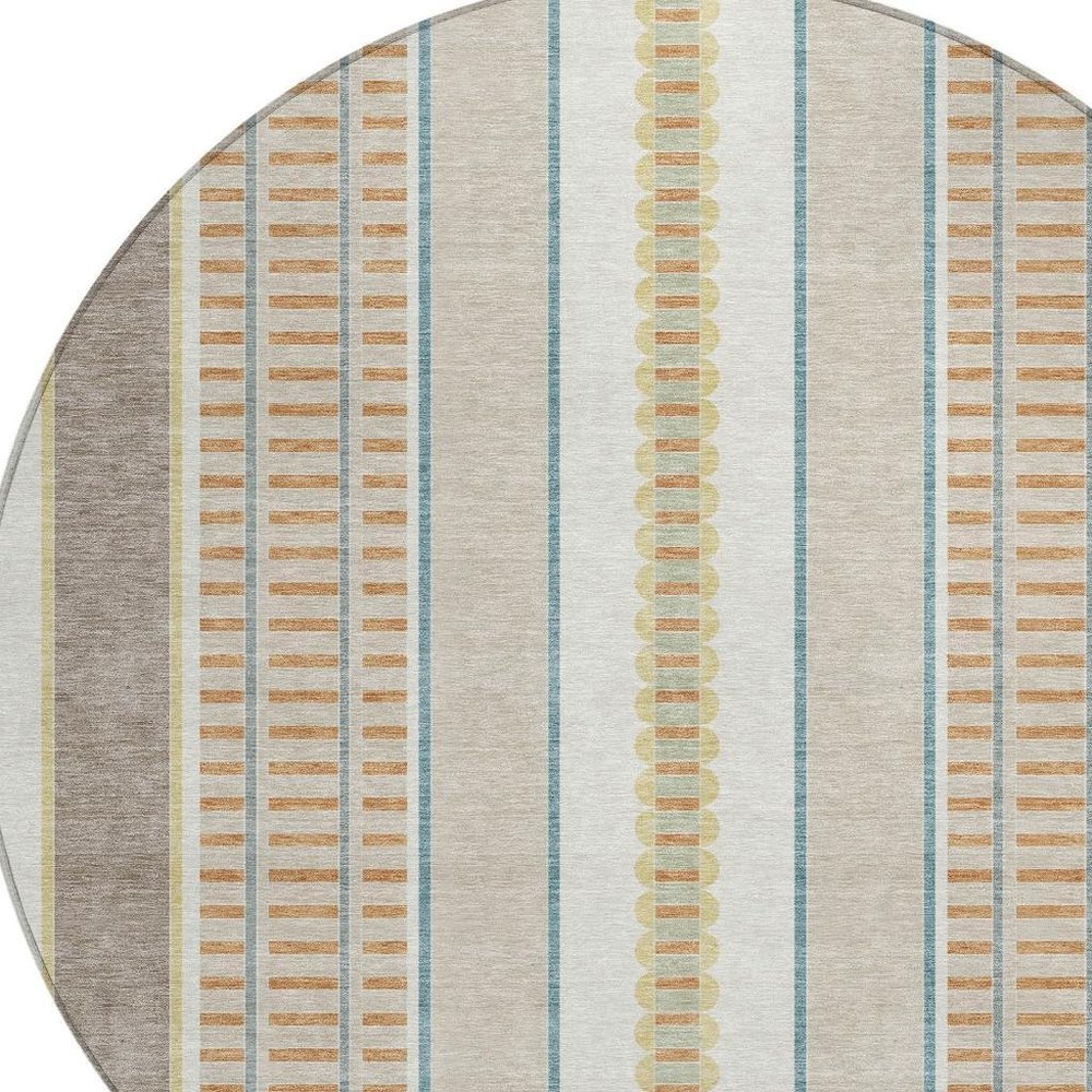 8' Ivory And Fern Green Round Striped Washable Indoor Outdoor Area Rug — view 8
