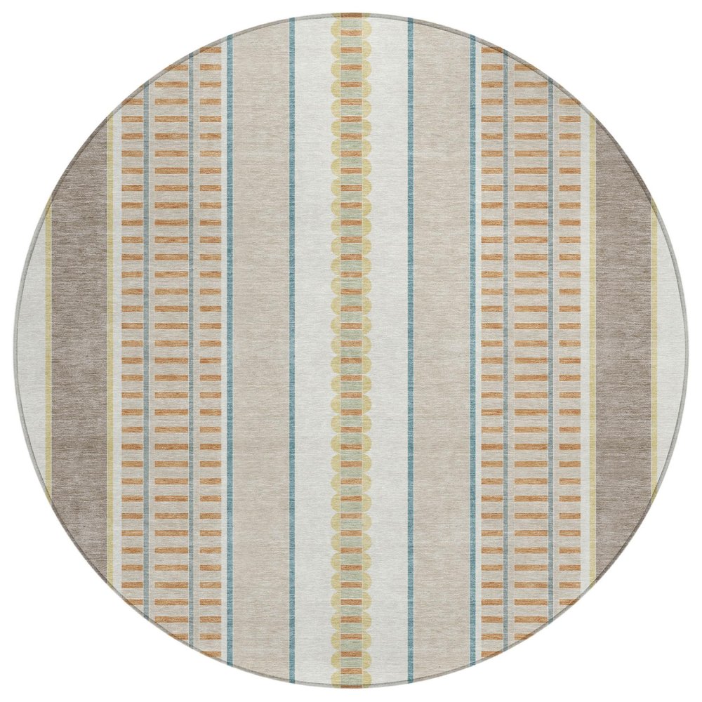 8' Ivory And Fern Green Round Striped Washable Indoor Outdoor Area Rug HomeRoots