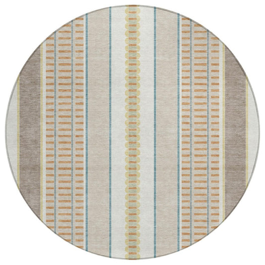 8' Ivory And Fern Green Round Striped Washable Indoor Outdoor Area Rug