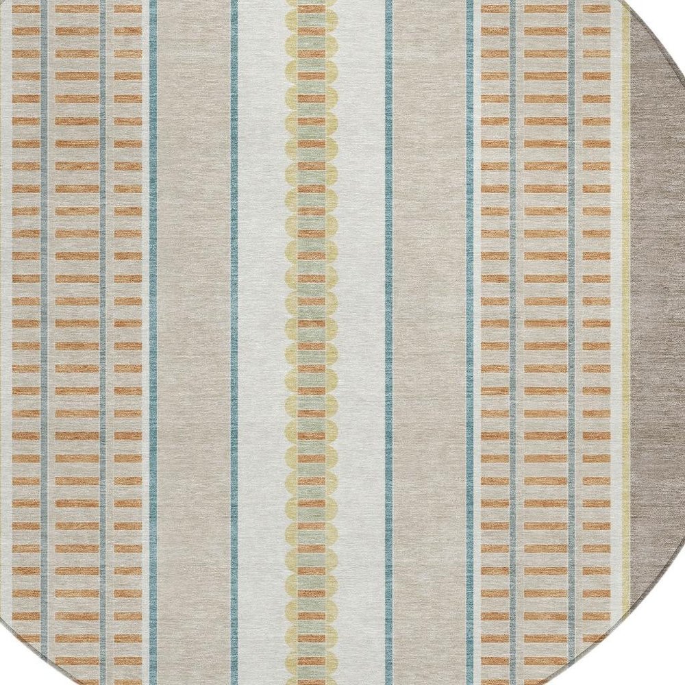 8' Ivory And Fern Green Round Striped Washable Indoor Outdoor Area Rug — view 4