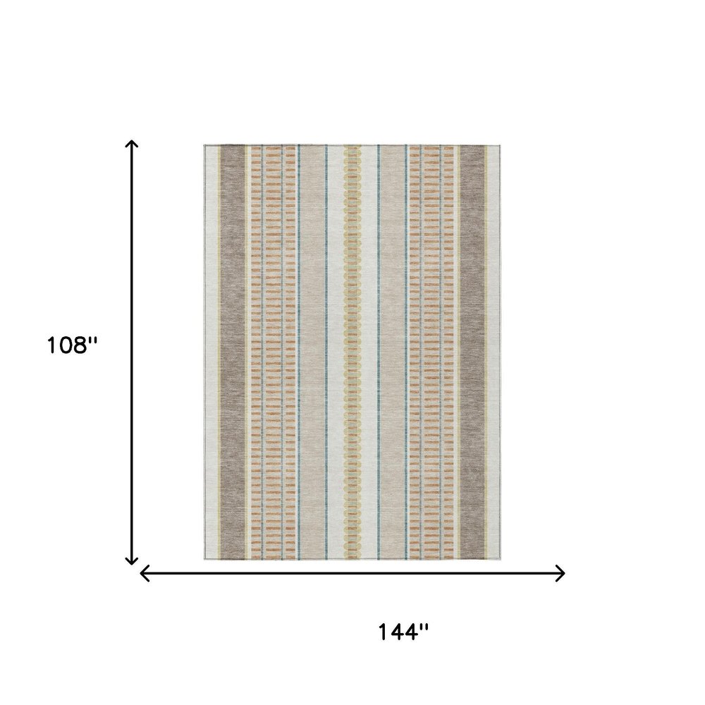 9' X 12' Ivory And Fern Green Striped Washable Indoor Outdoor Area Rug — view 6