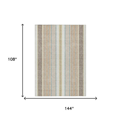 9' X 12' Ivory And Fern Green Striped Washable Indoor Outdoor Area Rug HomeRoots