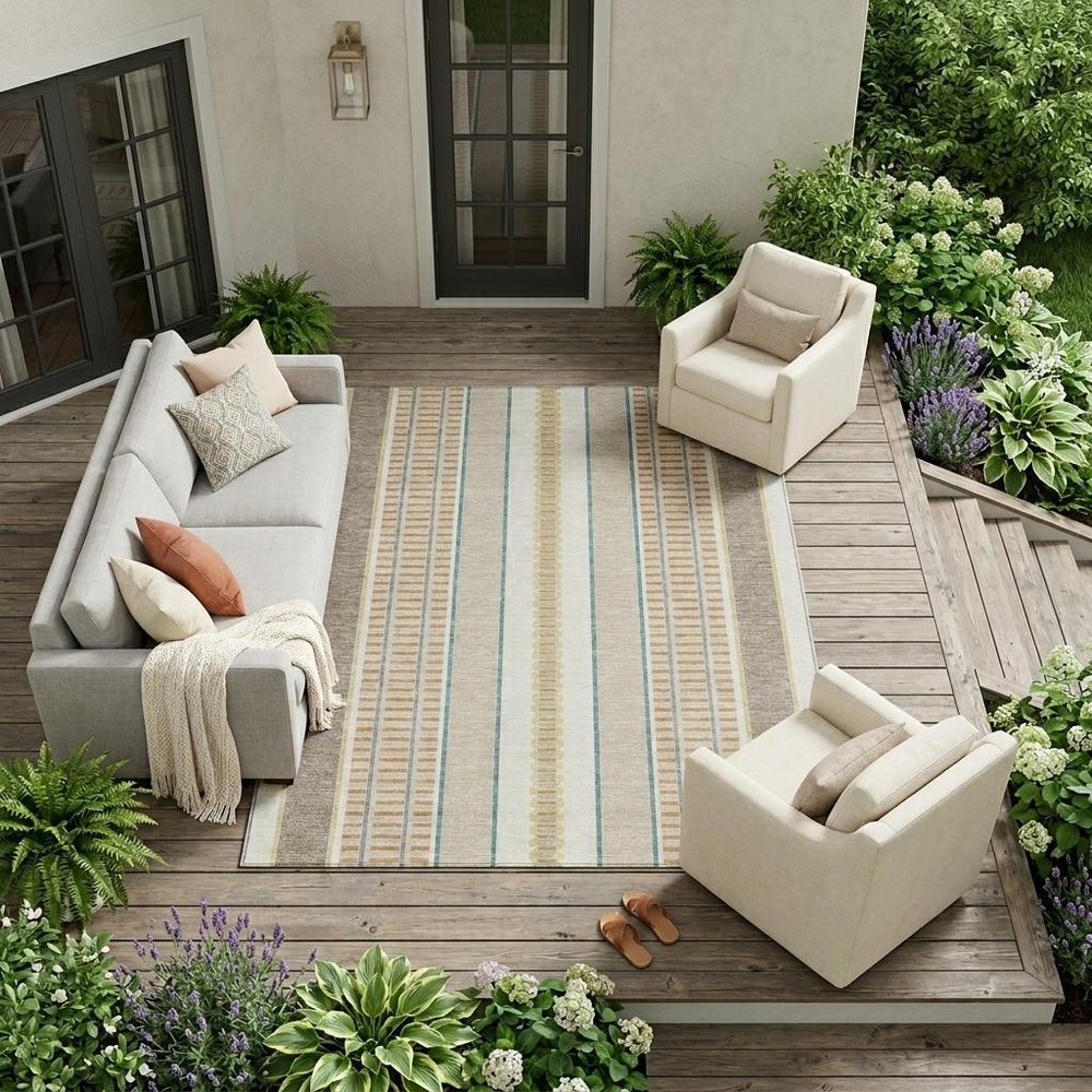 9' X 12' Ivory And Fern Green Striped Washable Indoor Outdoor Area Rug — view 7