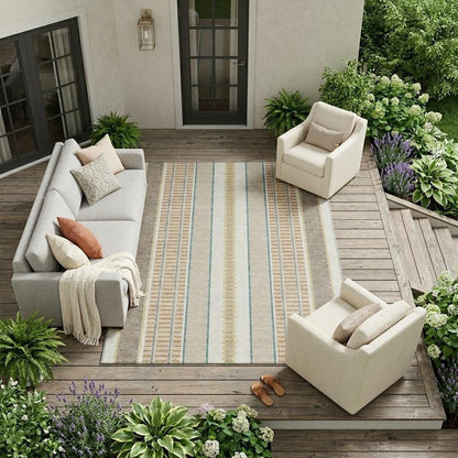 9' X 12' Ivory And Fern Green Striped Washable Indoor Outdoor Area Rug HomeRoots
