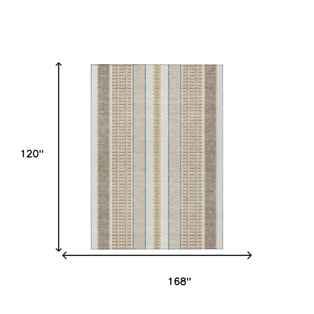 10' X 14' Ivory And Fern Green Striped Washable Indoor Outdoor Area Rug — view 6