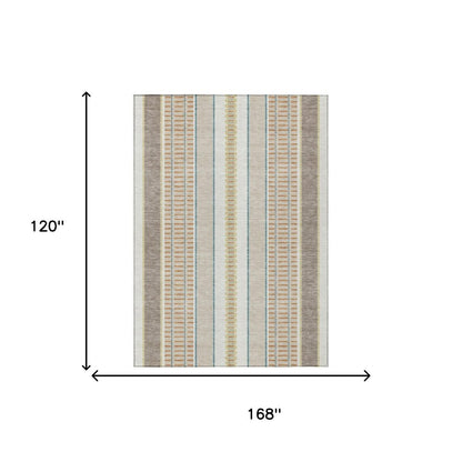 10' X 14' Ivory And Fern Green Striped Washable Indoor Outdoor Area Rug HomeRoots