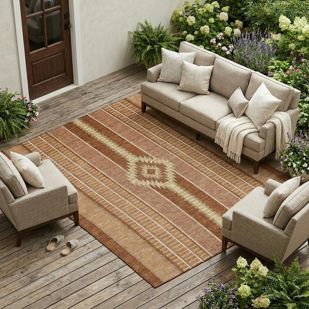 9' X 12' Orange And Gray Striped Washable Indoor Outdoor Area Rug