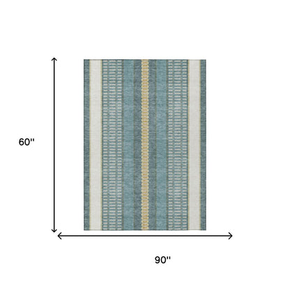 5' X 8' Teal Blue And Gold Striped Washable Indoor Outdoor Area Rug HomeRoots