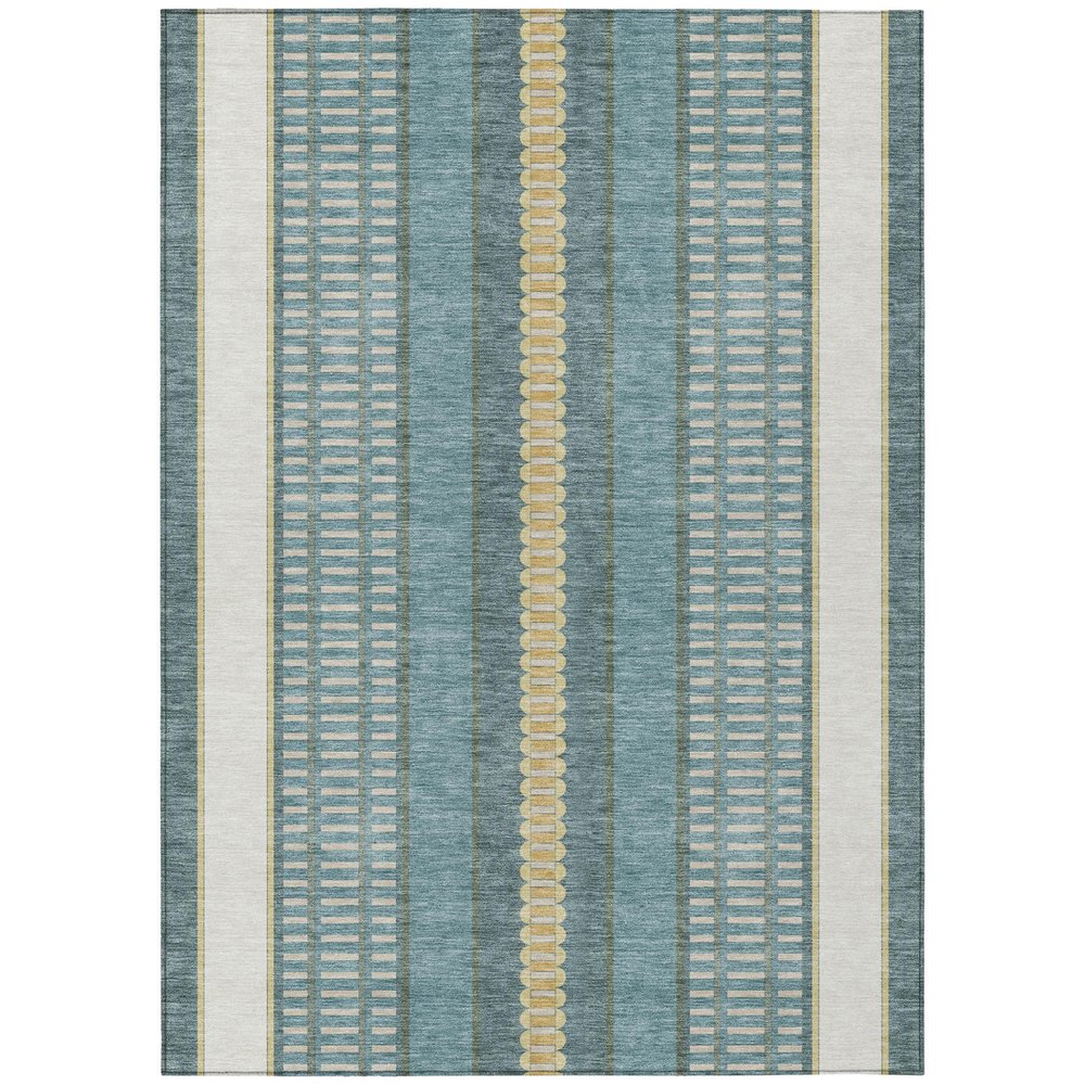 5' X 8' Teal Blue And Gold Striped Washable Indoor Outdoor Area Rug — view 1