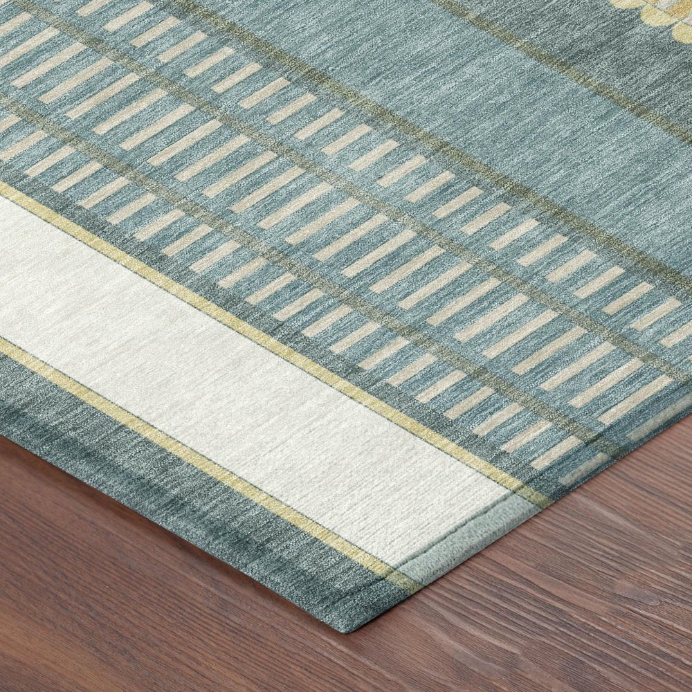 5' X 8' Teal Blue And Gold Striped Washable Indoor Outdoor Area Rug HomeRoots