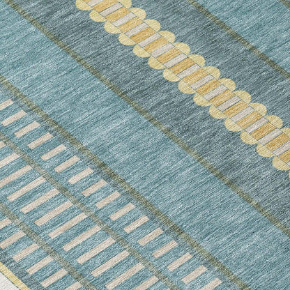 5' X 8' Teal Blue And Gold Striped Washable Indoor Outdoor Area Rug HomeRoots