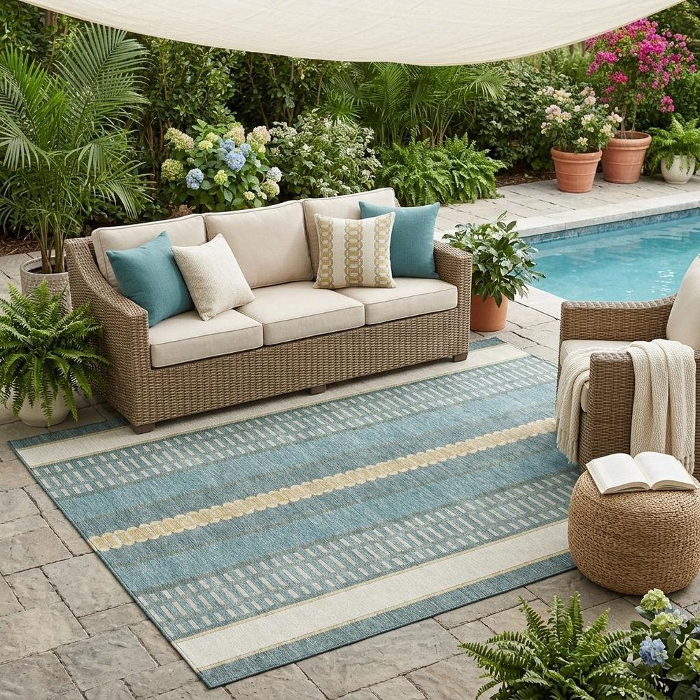 5' X 8' Teal Blue And Gold Striped Washable Indoor Outdoor Area Rug HomeRoots