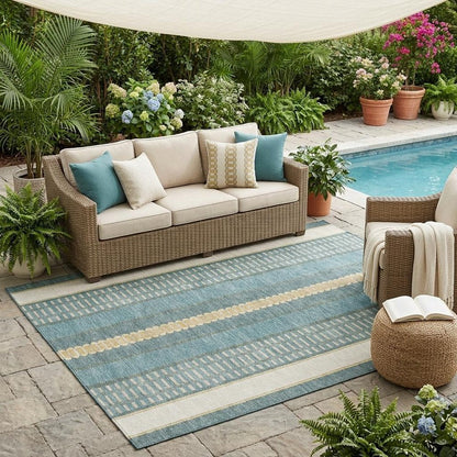 5' X 8' Teal Blue And Gold Striped Washable Indoor Outdoor Area Rug HomeRoots