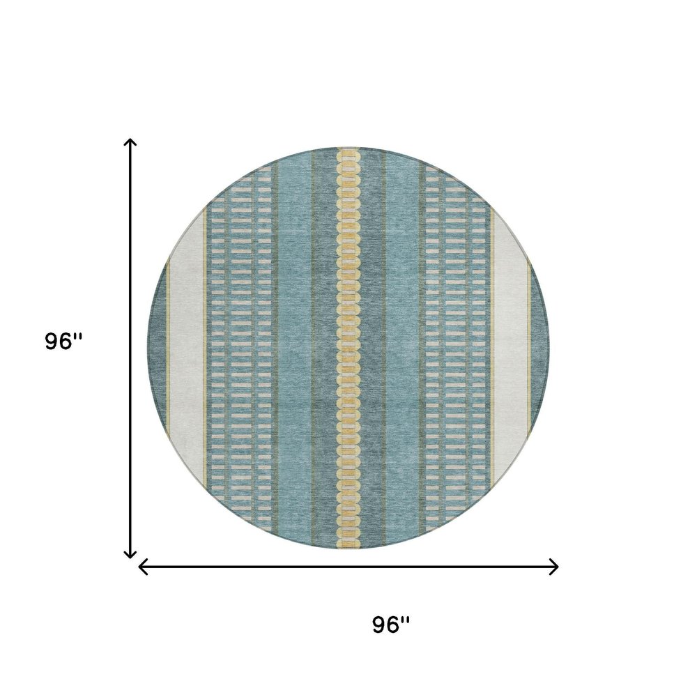 8' Teal Blue And Gold Round Striped Washable Indoor Outdoor Area Rug HomeRoots