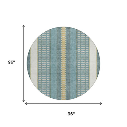 8' Teal Blue And Gold Round Striped Washable Indoor Outdoor Area Rug HomeRoots