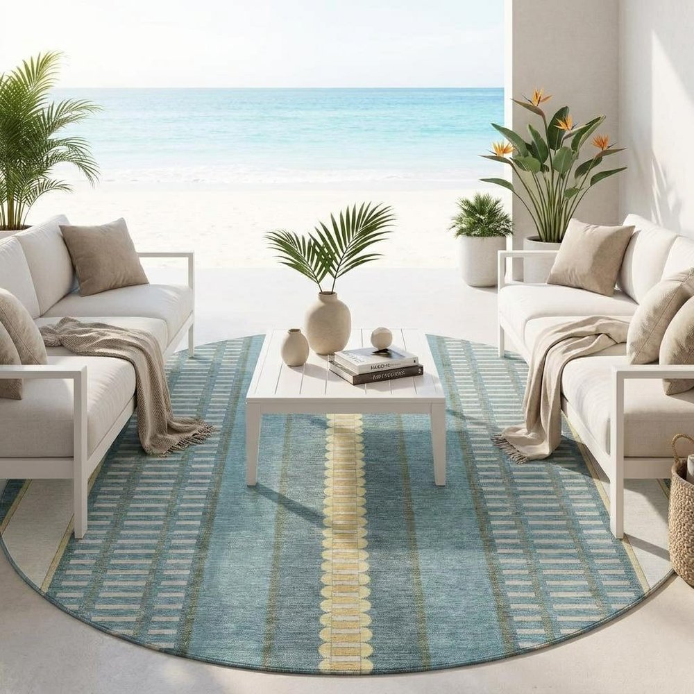 8' Teal Blue And Gold Round Striped Washable Indoor Outdoor Area Rug HomeRoots