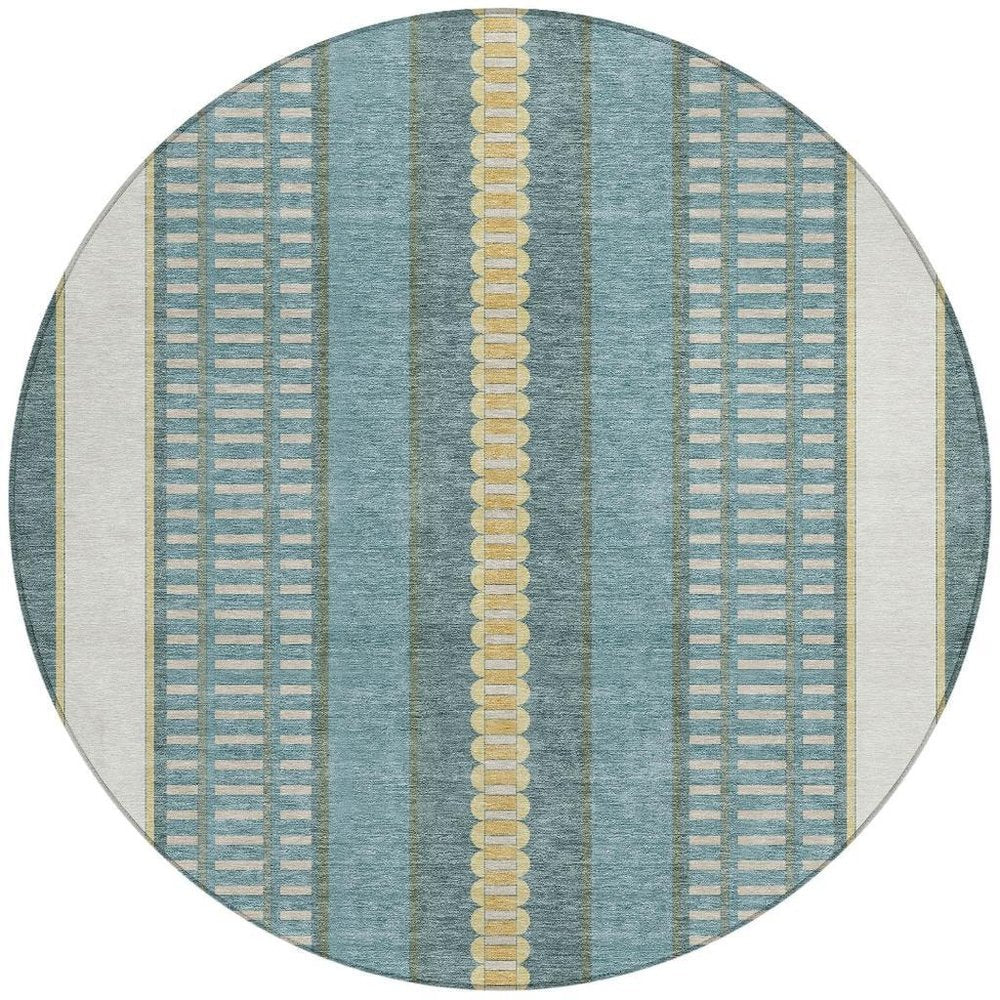 8' Teal Blue And Gold Round Striped Washable Indoor Outdoor Area Rug HomeRoots