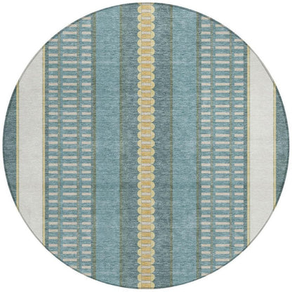 8' Teal Blue And Gold Round Striped Washable Indoor Outdoor Area Rug HomeRoots