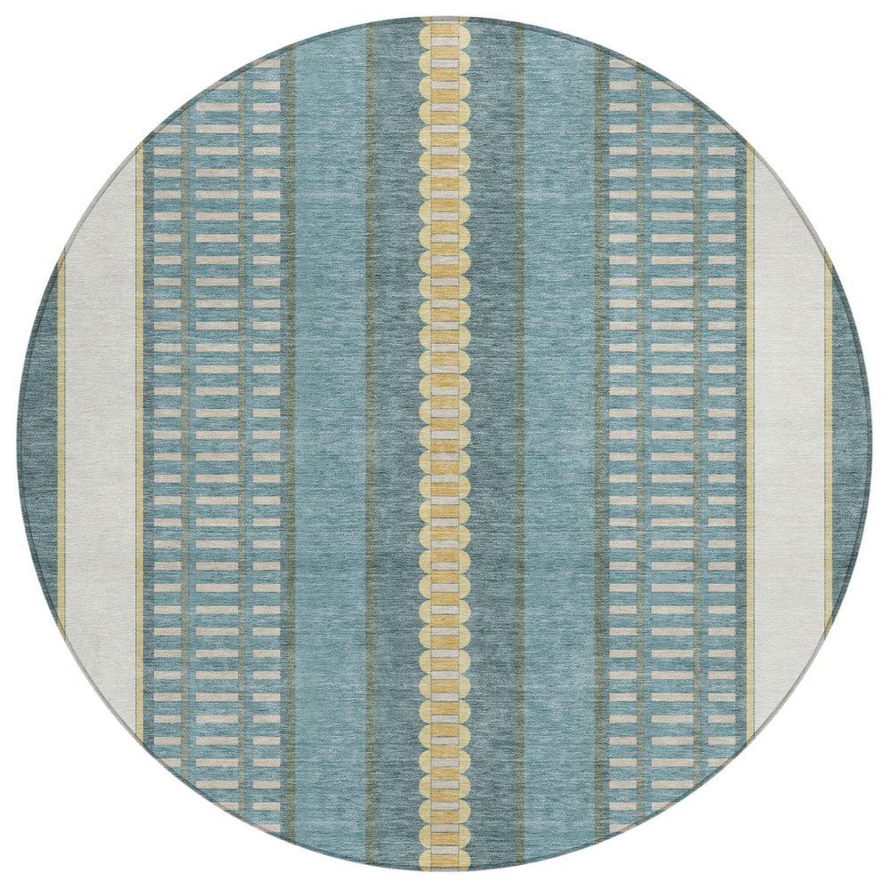 8' Teal Blue And Gold Round Striped Washable Indoor Outdoor Area Rug — view 1