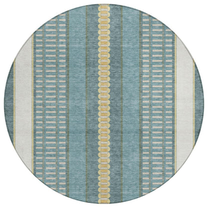 8' Teal Blue And Gold Round Striped Washable Indoor Outdoor Area Rug HomeRoots