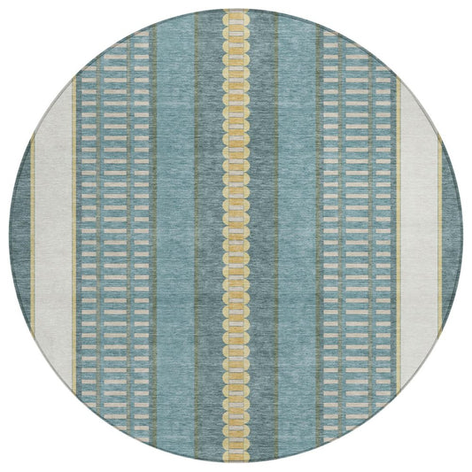 8' Teal Blue And Gold Round Striped Washable Indoor Outdoor Area Rug