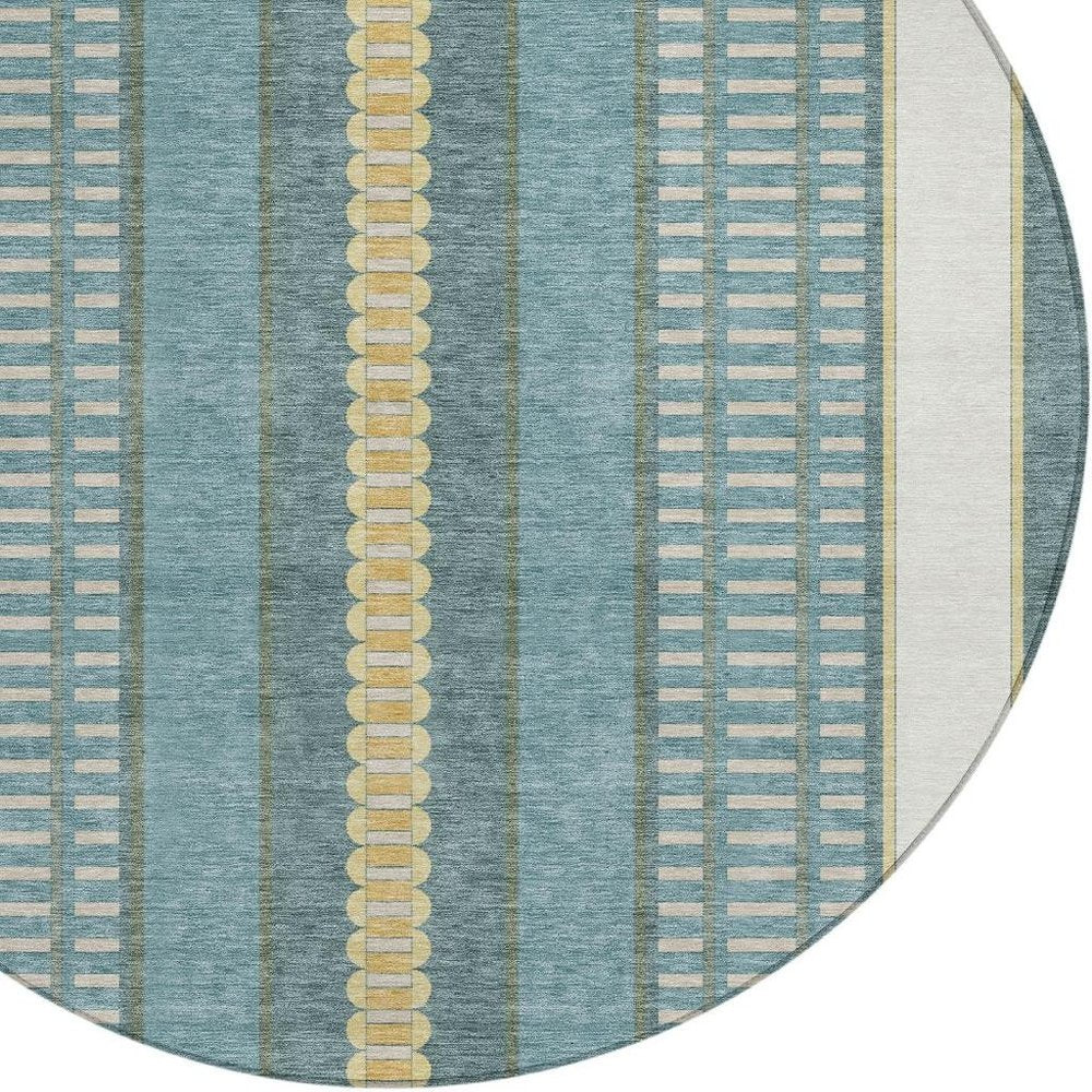 8' Teal Blue And Gold Round Striped Washable Indoor Outdoor Area Rug — view 4