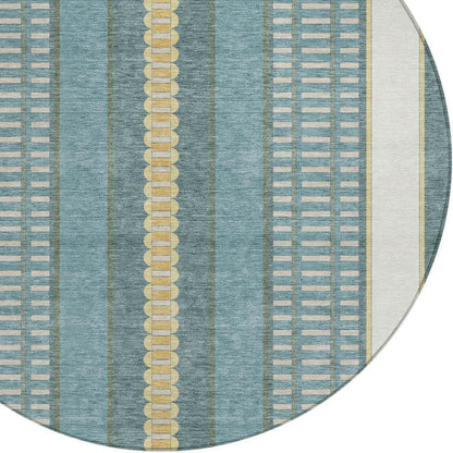 8' Teal Blue And Gold Round Striped Washable Indoor Outdoor Area Rug HomeRoots