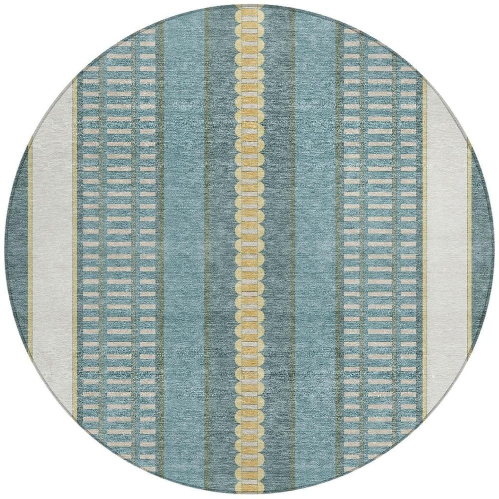 8' Teal Blue And Gold Round Striped Washable Indoor Outdoor Area Rug HomeRoots