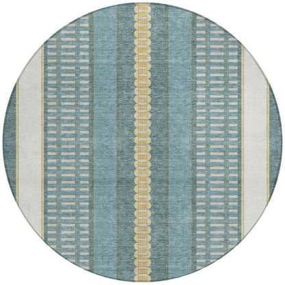 8' Teal Blue And Gold Round Striped Washable Indoor Outdoor Area Rug HomeRoots