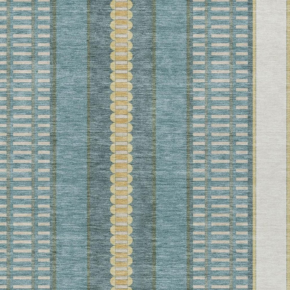 8' X 10' Teal Blue And Gold Striped Washable Indoor Outdoor Area Rug — view 3