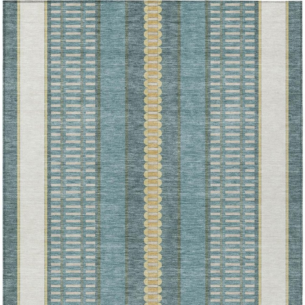 8' X 10' Teal Blue And Gold Striped Washable Indoor Outdoor Area Rug HomeRoots