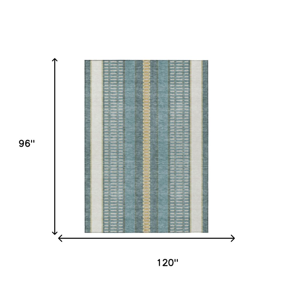 8' X 10' Teal Blue And Gold Striped Washable Indoor Outdoor Area Rug — view 10
