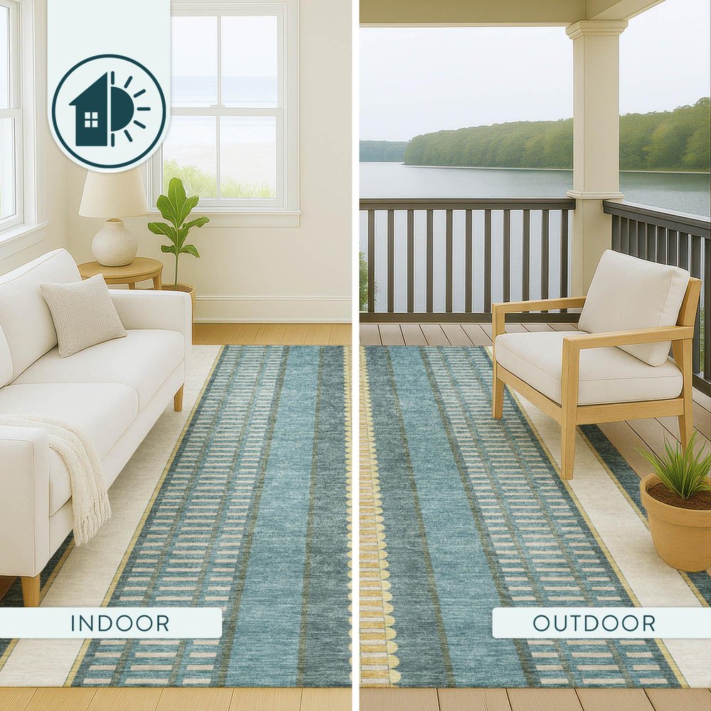 8' X 10' Teal Blue And Gold Striped Washable Indoor Outdoor Area Rug — view 11