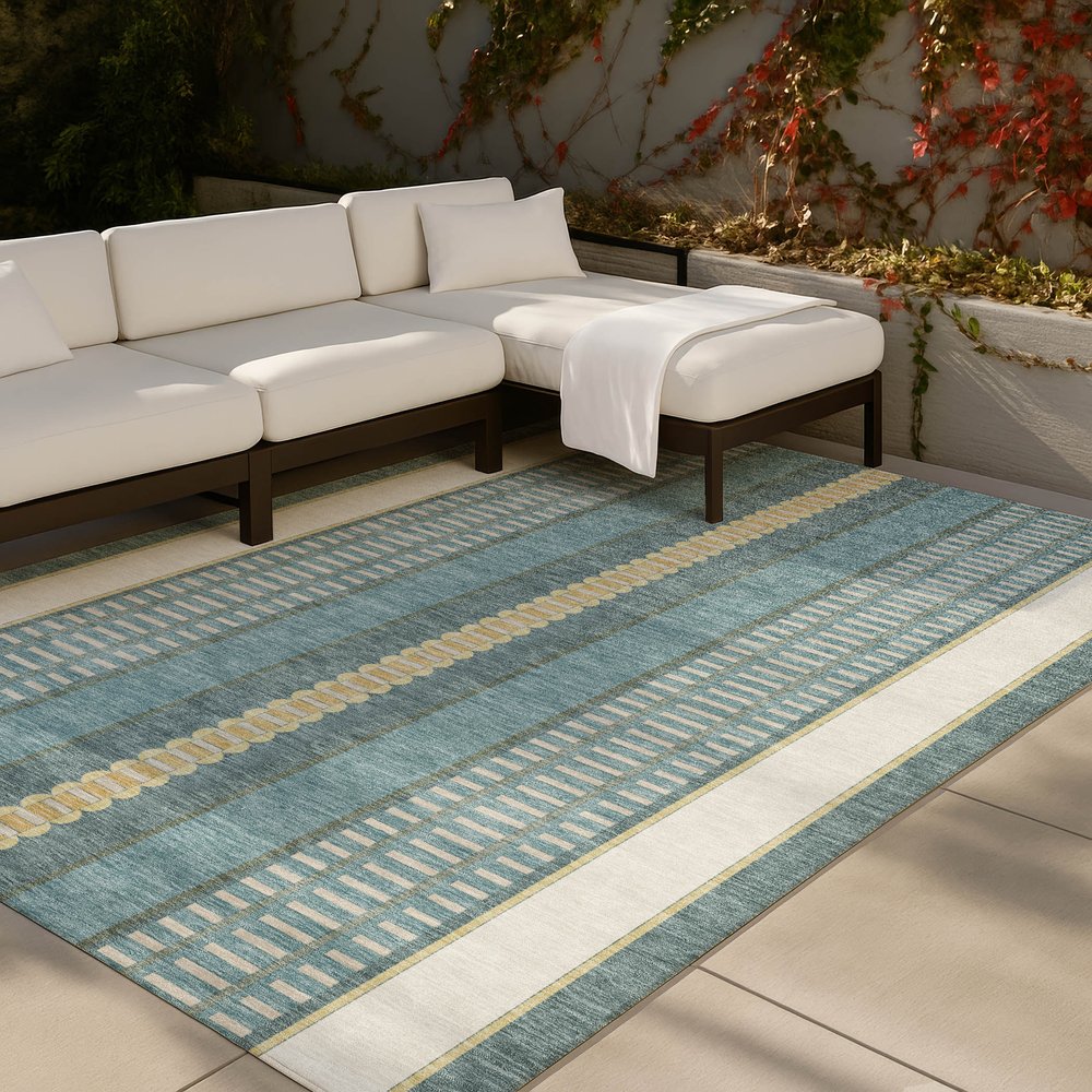 8' X 10' Teal Blue And Gold Striped Washable Indoor Outdoor Area Rug — view 5