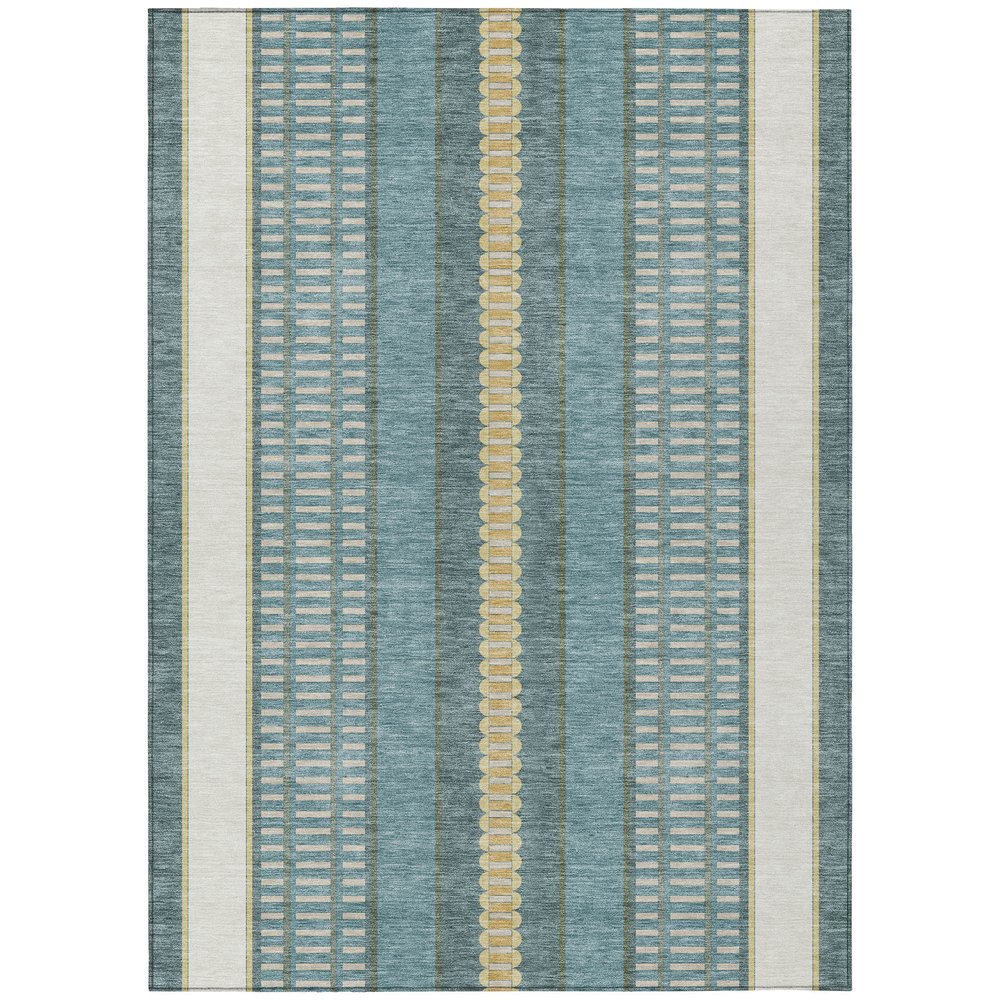8' X 10' Teal Blue And Gold Striped Washable Indoor Outdoor Area Rug — view 2