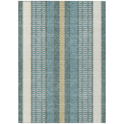 8' X 10' Teal Blue And Gold Striped Washable Indoor Outdoor Area Rug HomeRoots