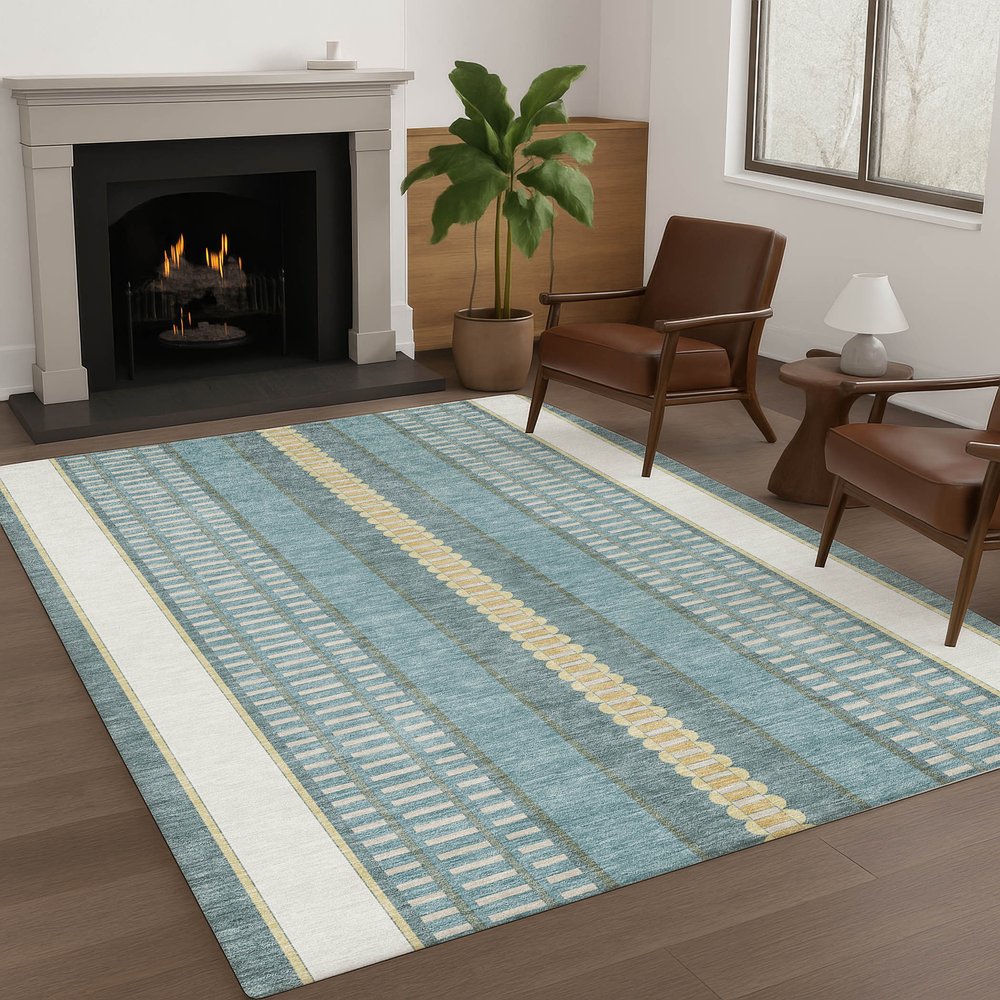 8' X 10' Teal Blue And Gold Striped Washable Indoor Outdoor Area Rug — view 6