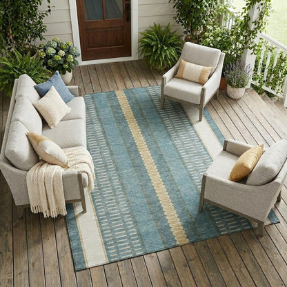 8' X 10' Teal Blue And Gold Striped Washable Indoor Outdoor Area Rug HomeRoots